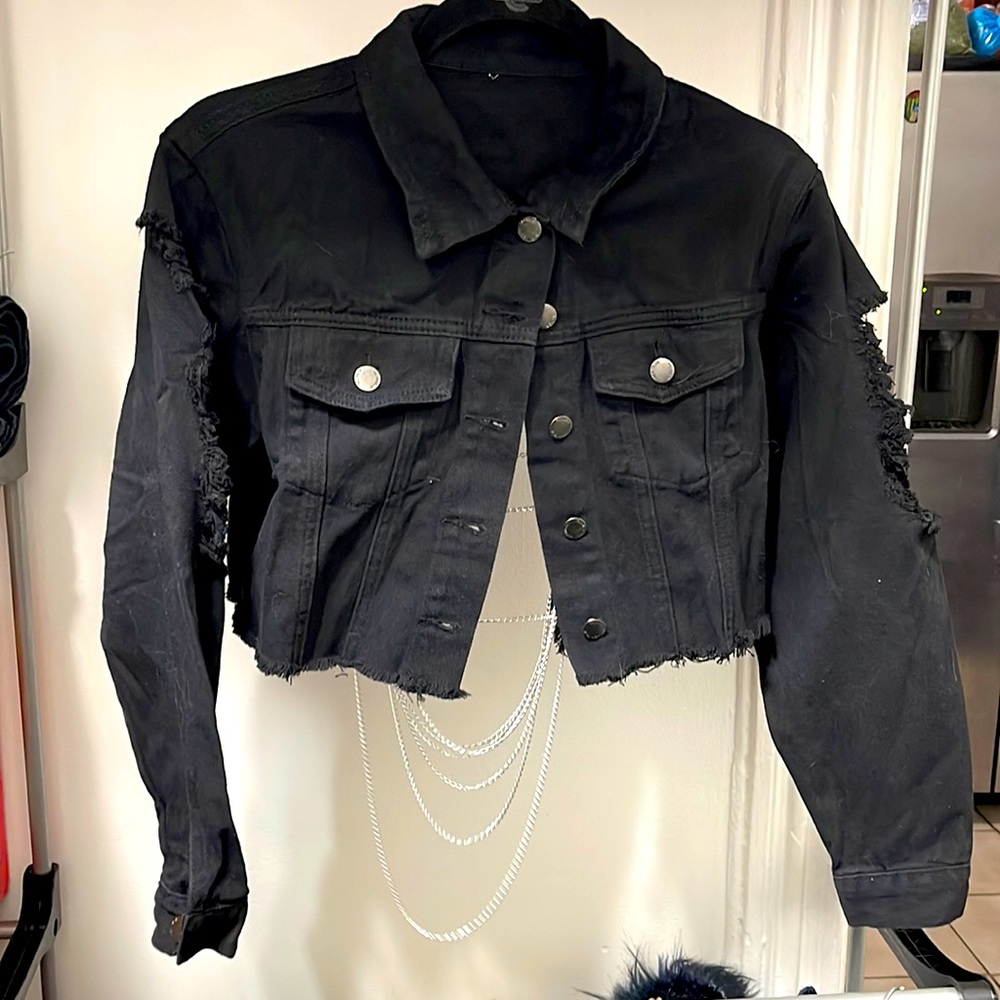 Black jean jacket with silver chain details
